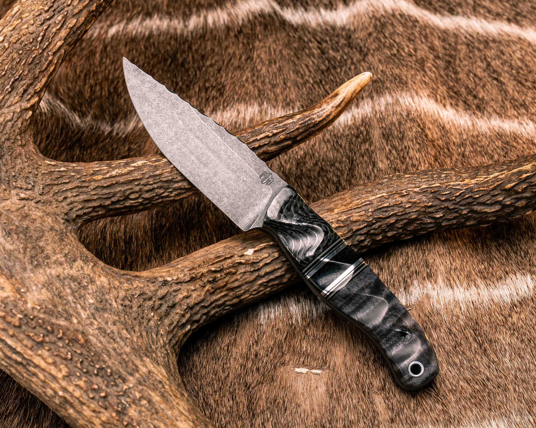 Feather Light- Silver Dragon Strike Carbon, Black G10, Grey G10, Aluminum and Black Canvas Micarta Split, Dyed Maple, Mosaic Pins, Aluminum Lanyard Pin, Textured Grip
