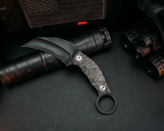 Karambito - Black Canvas Micarta, Armor Black Cerakote, Ti Allen Bolts, Chaos Grip