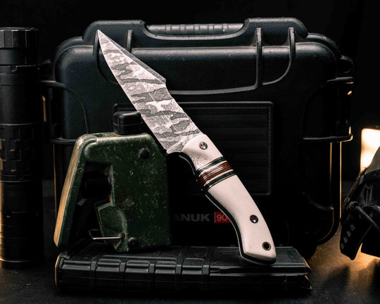 Widow Maker - Elk Antler, Black G10 and Brass Pin Striping, Blue Canvas Micarta, Fire Canvas Micarta and Natural Canvas Micarta Split, Patriot Mosaic Pins, Brass Lanyard Pin, Textured Grip