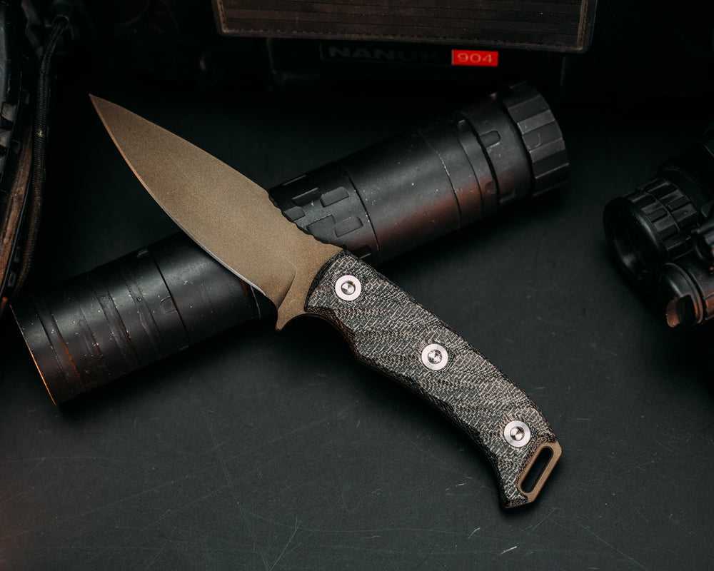 Ishi - Black Canvas Micarta, Midnight Bronze Cerakote, Ti Allen Bolts, Iron Grip