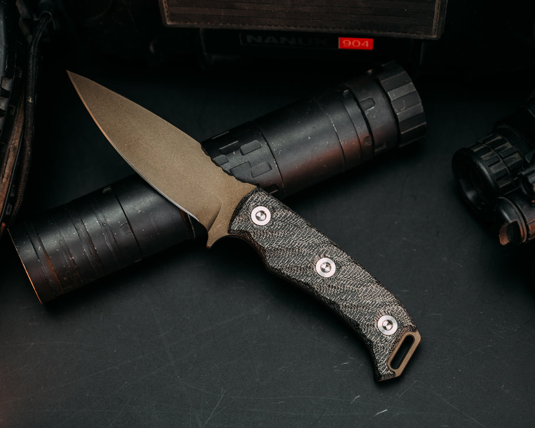 Ishi - Black Canvas Micarta, Midnight Bronze Cerakote, Ti Allen Bolts, Iron Grip
