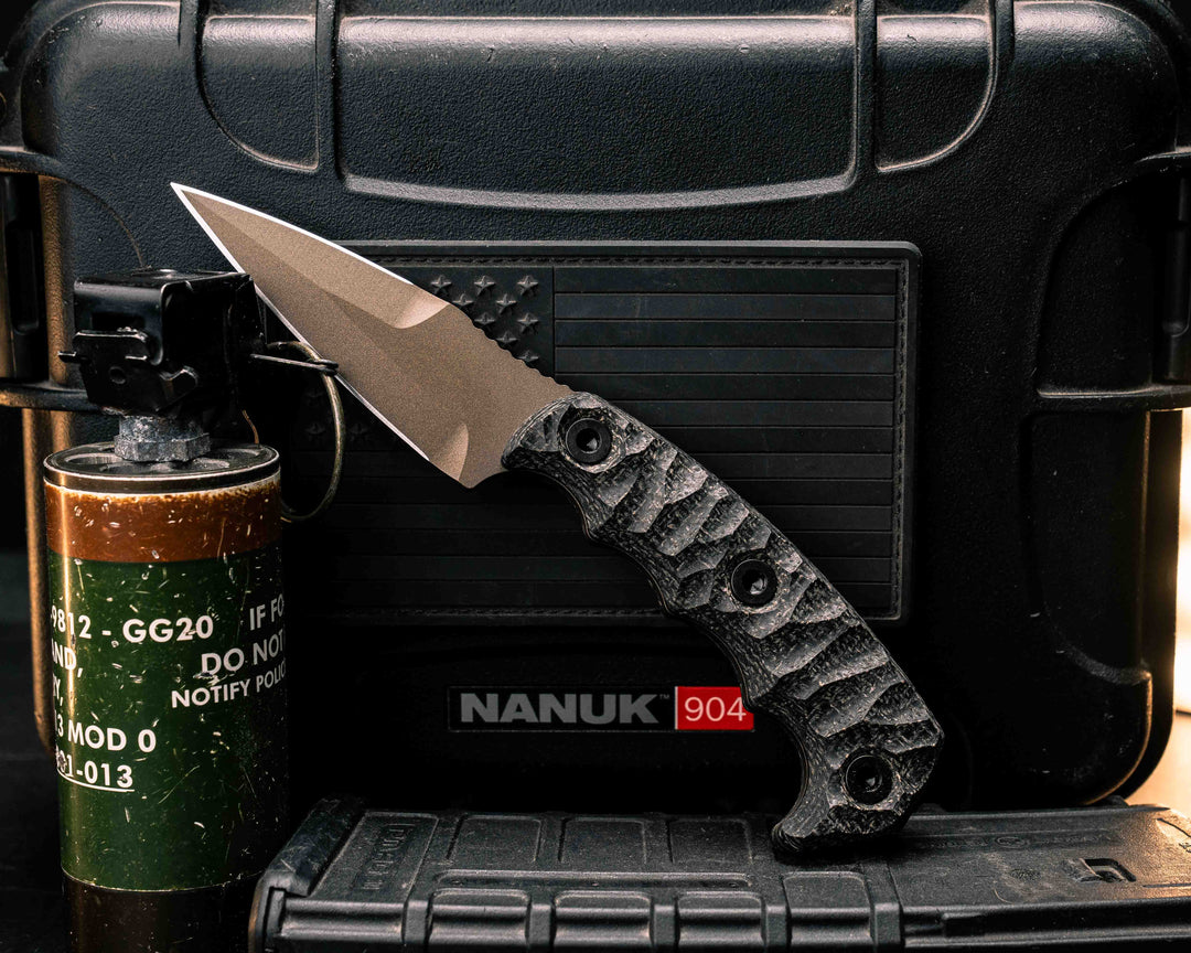 3" HUMINT- Black Burlap Micarta, Midnight Bronze Cerakote, Allen Bolts, Textured Grip