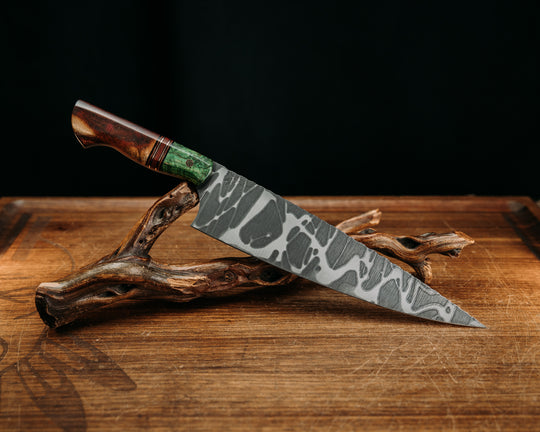 Chef Blade - Dyed Maple, Blacl G10 & Copper Pin Striping, Fire Canvas Micarta Splits, Maple, Mosaic Pin, Fire Canvas Micarta Pin, Smooth Grip.