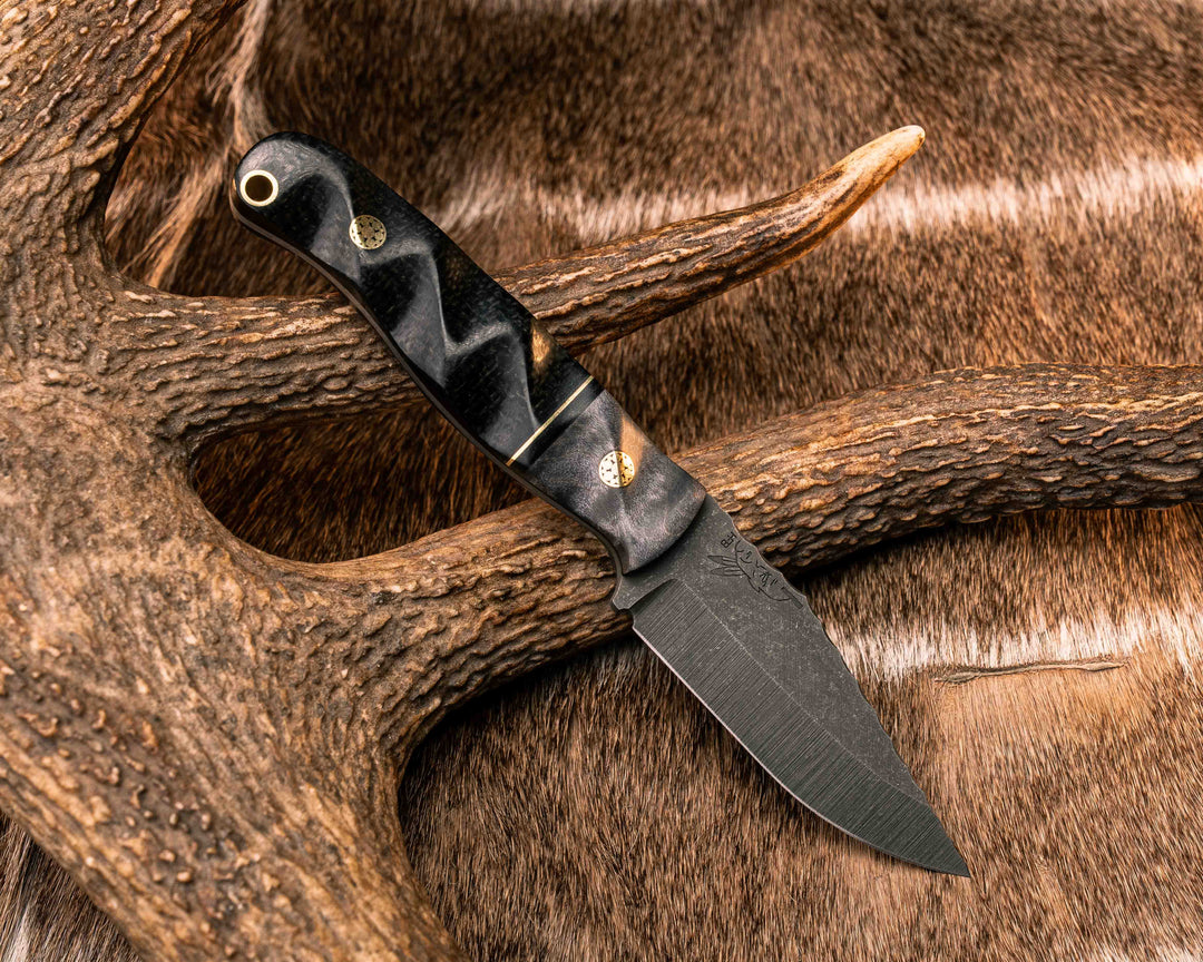 Crow Cub- Dyed Maple, Black G10 and Brass Split, Black Burlap Micarta, Mosaic Pins, Brass Lanyard Pin, Textured Grip