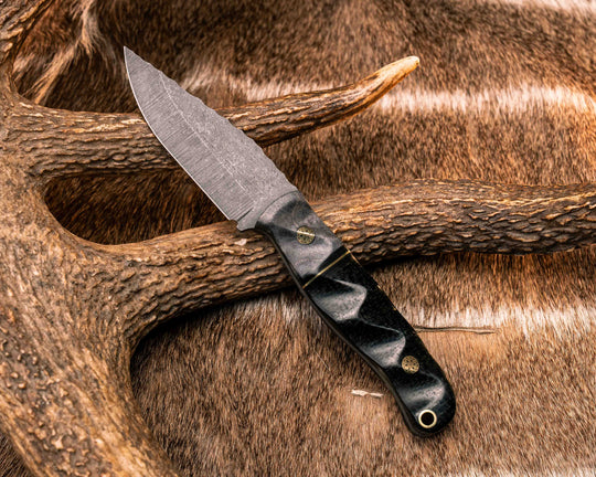Crow Cub- Dyed Maple, Black G10 and Brass Split, Black Burlap Micarta, Mosaic Pins, Brass Lanyard Pin, Textured Grip