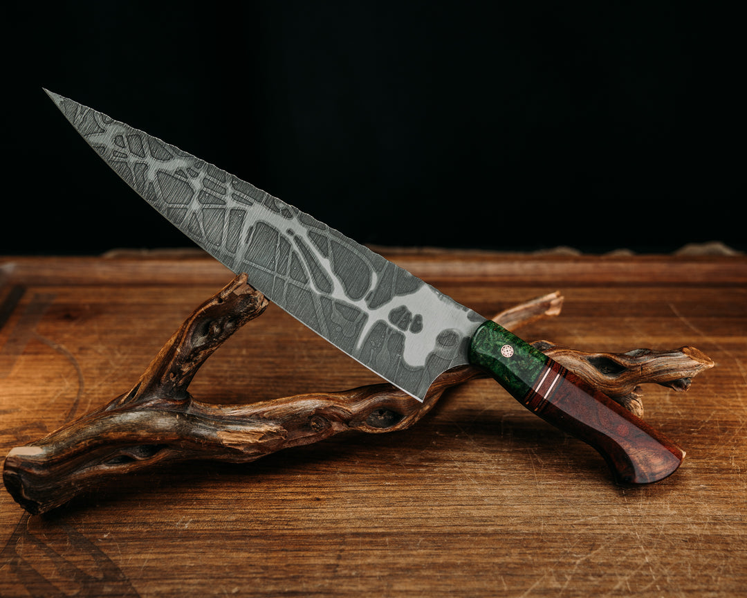 Chef Blade - Dyed Maple, Blacl G10 & Copper Pin Striping, Fire Canvas Micarta Splits, Maple, Mosaic Pin, Fire Canvas Micarta Pin, Smooth Grip.