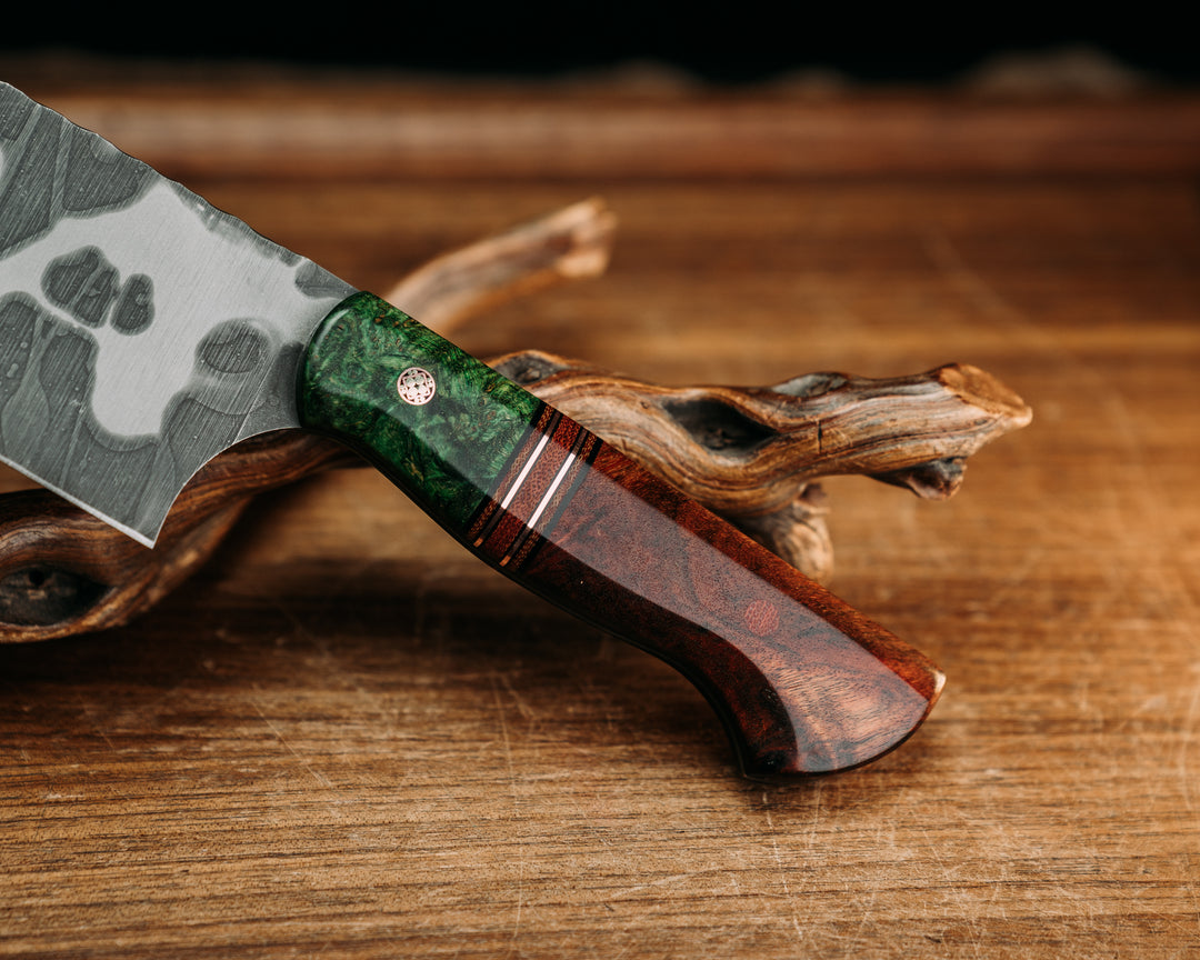 Chef Blade - Dyed Maple, Blacl G10 & Copper Pin Striping, Fire Canvas Micarta Splits, Maple, Mosaic Pin, Fire Canvas Micarta Pin, Smooth Grip.