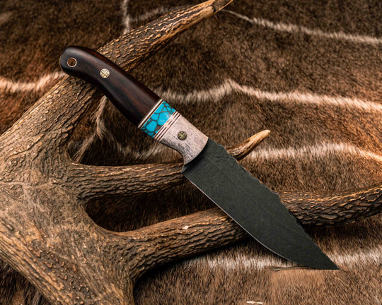 Crow Scout- Elk Antler, White G10 and Copper Pin Striping, Turquoise with Copper Web Tru-stone Split, Desert Ironwood, Mosaic Pins, Smooth Grip