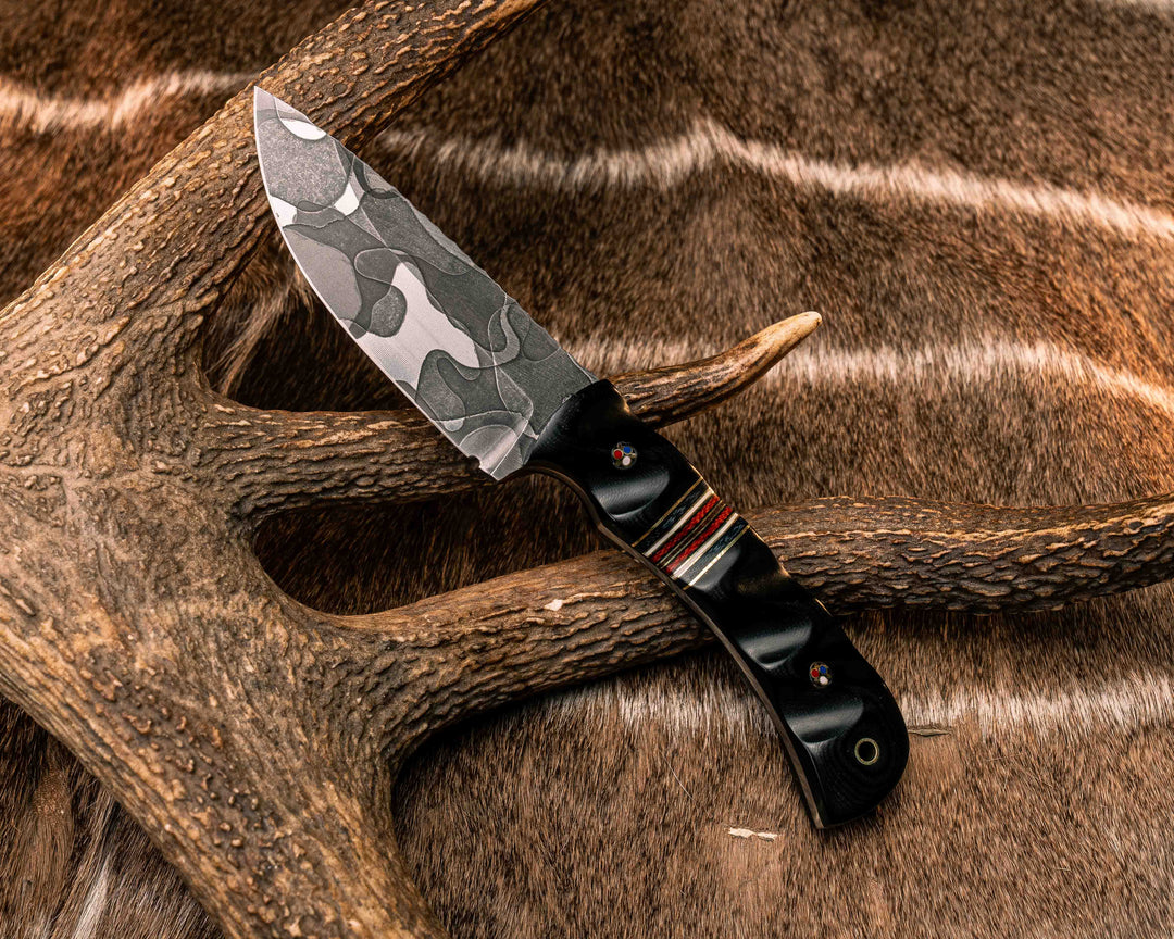 Cavner- Black G10, Brass, Blue Canvas Micarta, White G10 and and Fire Canvas Micarta Split, Patriot Mosaic Pins, Brass Lanyard Pin, Textured Grip