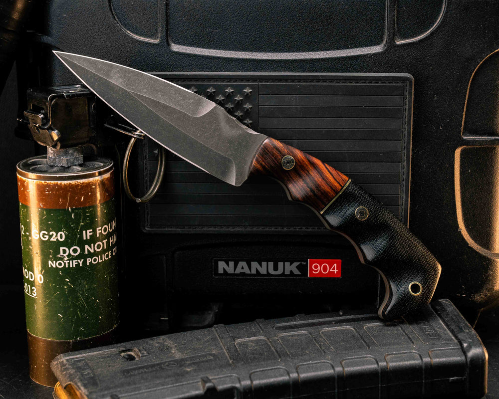 4" HUMINT- Desert Ironwood, Black G10 and Brass Split, Black Canvas Micarta, Mosaic Pins, Brass Lanyard Pin, Textured Grip