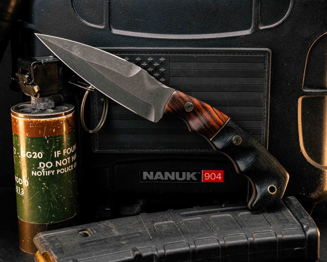 4" HUMINT- Desert Ironwood, Black G10 and Brass Split, Black Canvas Micarta, Mosaic Pins, Brass Lanyard Pin, Textured Grip