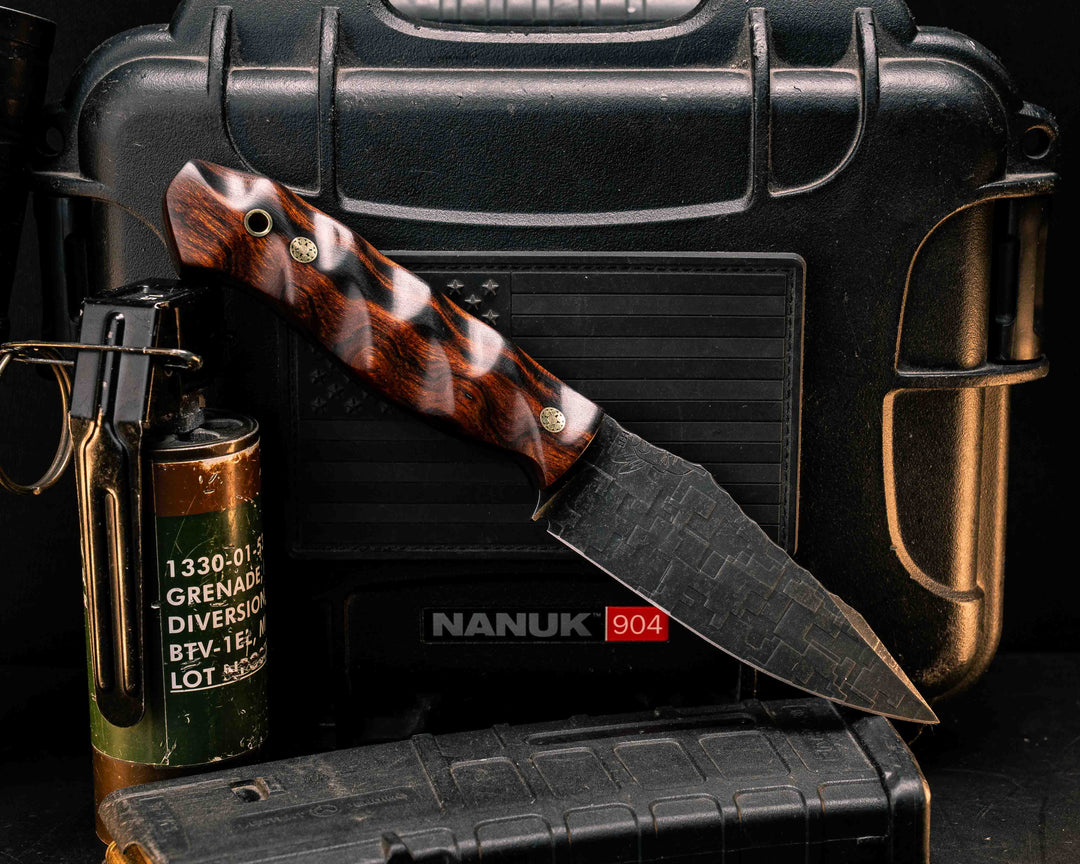 Field Knife - Desert Ironwood, Brass Mosaic Pins, Brass Lanyard Pin, Textured Grip
