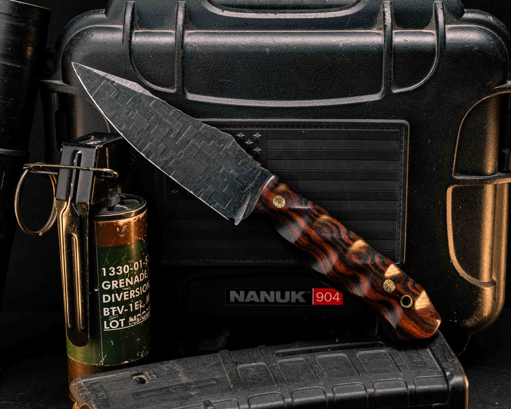 Field Knife - Desert Ironwood, Brass Mosaic Pins, Brass Lanyard Pin, Textured Grip