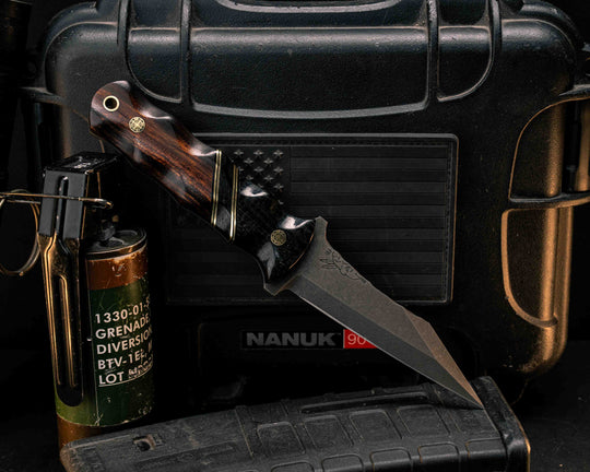 Combat Dirt Nap- Black Burlap Micarta, Black G10 and Brass Pin Striping, Black Burlap Micarta Split, Desert Ironwood, Mosaic Pins, Brass Lanyard Pin, Textured Grip