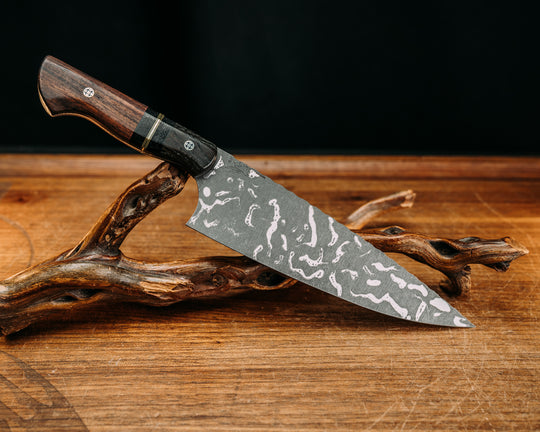 Chef Blade - Ancient Bog Oak, Black & OD Green G10 w/ Brass Pin Striping, Black Canvas Micarta Splits, Desert Ironwood, Mosaic Pins, Smooth Grip.