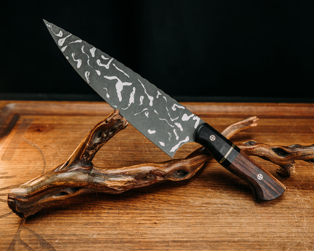 Chef Blade - Ancient Bog Oak, Black & OD Green G10 w/ Brass Pin Striping, Black Canvas Micarta Splits, Desert Ironwood, Mosaic Pins, Smooth Grip.