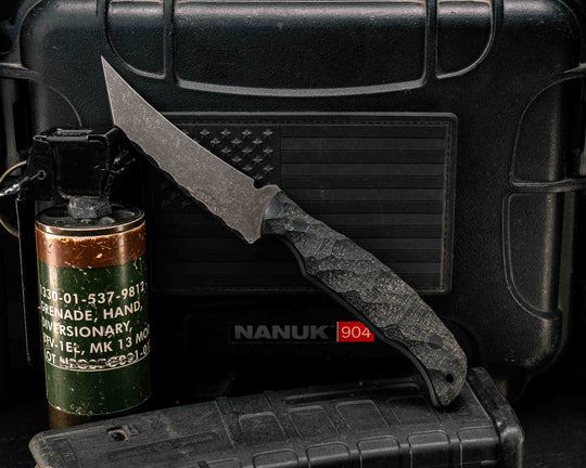 Draugr- Black Burlap Micarta, CF Pins, CF Lanyard Pin, Textured Grip
