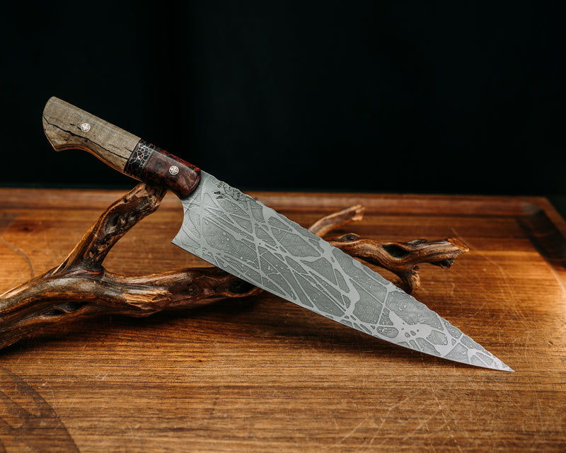 10" Chef Blade - Redwood, Black G10 & Copper Pin Striping, Black w/ Copper Matrix Tru Stone Split, Ambulu, Mosaic Pins, Smooth Grip.