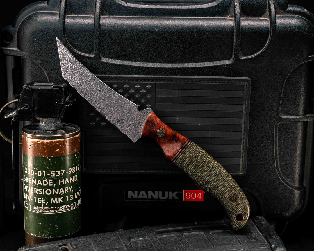 Draugr- Amboyna Burl, Black G10 and Copper Split, OD Green Canvas Micarta, Mosaic Pins, Copper Lanyard Pin, Textured Grip