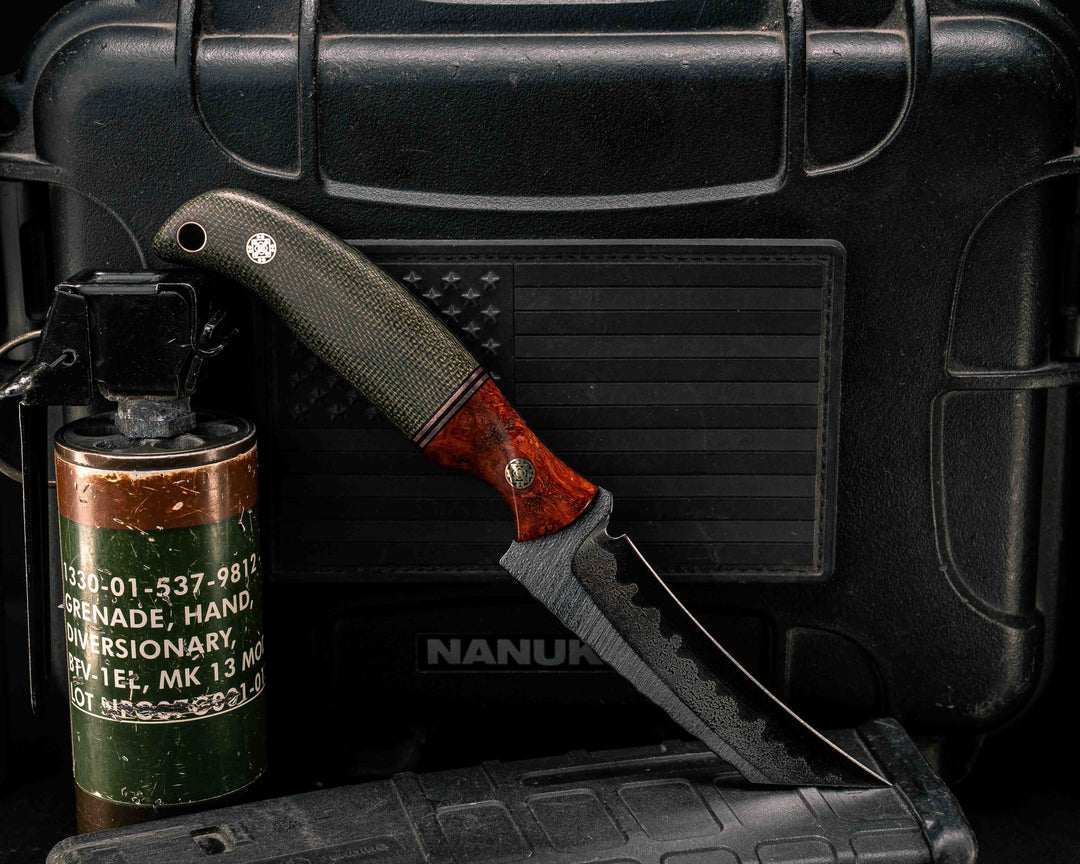 Draugr- Amboyna Burl, Black G10 and Copper Split, OD Green Canvas Micarta, Mosaic Pins, Copper Lanyard Pin, Textured Grip