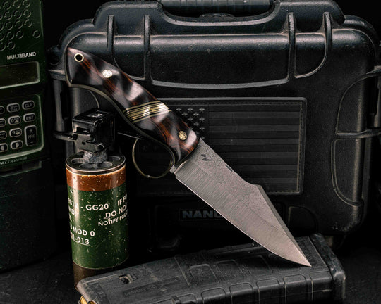 Widow Maker - Desert Ironwood, Black G10, OD Green G10 and Brass Split, Mosaic Pins, Brass Lanyard Pin, Textured Grip