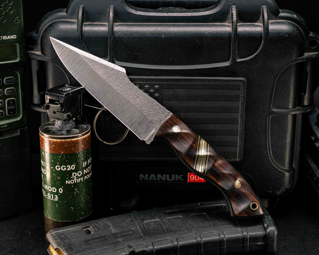 Widow Maker - Desert Ironwood, Black G10, OD Green G10 and Brass Split, Mosaic Pins, Brass Lanyard Pin, Textured Grip