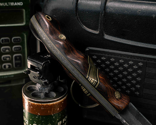 Widow Maker - Desert Ironwood, Black G10, OD Green G10 and Brass Split, Mosaic Pins, Brass Lanyard Pin, Textured Grip