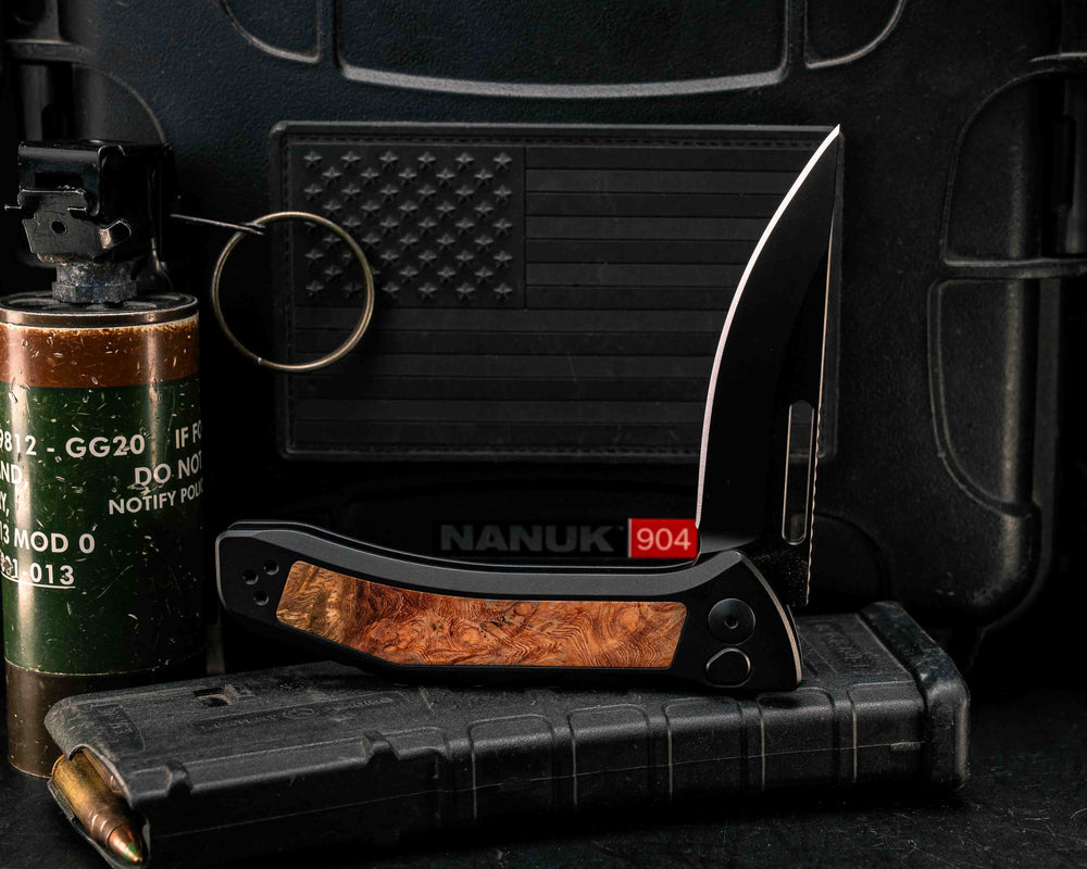 Custom Kwaiken Folder -  Lion's Blood Amboyna, Anodized Black Handle, Black Nitride Blade, Textured Grip, Deep Carry Pocket Clip