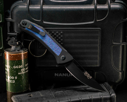 Custom Kwaiken Folder -  Damtanium CamoQuartz, Anodized Black Handle, Black Nitride Blade, Textured Grip, Deep Carry Pocket Clip