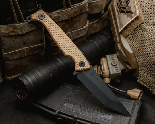 SHAW SHIV x HFB- Magpul stealth grey cerakote, Coyote Tan G10, Black Allen Bolts, Knurling Grip