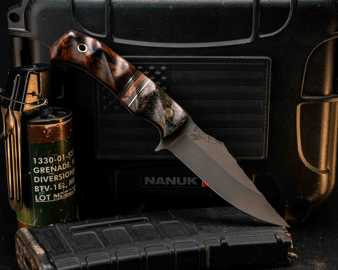 Tosahwi- Gold Camo Carbon, Black G10, Brass and Coyote G10 Pin Striping, Black Ash Burl Split, Desert Ironwood, Mosaic Pin, Brass Lanyard Pin, Textured Grip
