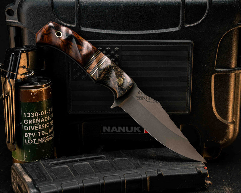 Tosahwi- Gold Camo Carbon, Black G10, Brass and Coyote G10 Pin Striping, Black Ash Burl Split, Desert Ironwood, Mosaic Pin, Brass Lanyard Pin, Textured Grip