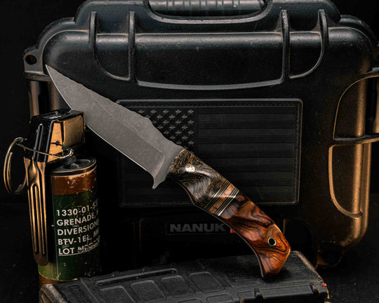 Tosahwi- Gold Camo Carbon, Black G10, Brass and Coyote G10 Pin Striping, Black Ash Burl Split, Desert Ironwood, Mosaic Pin, Brass Lanyard Pin, Textured Grip