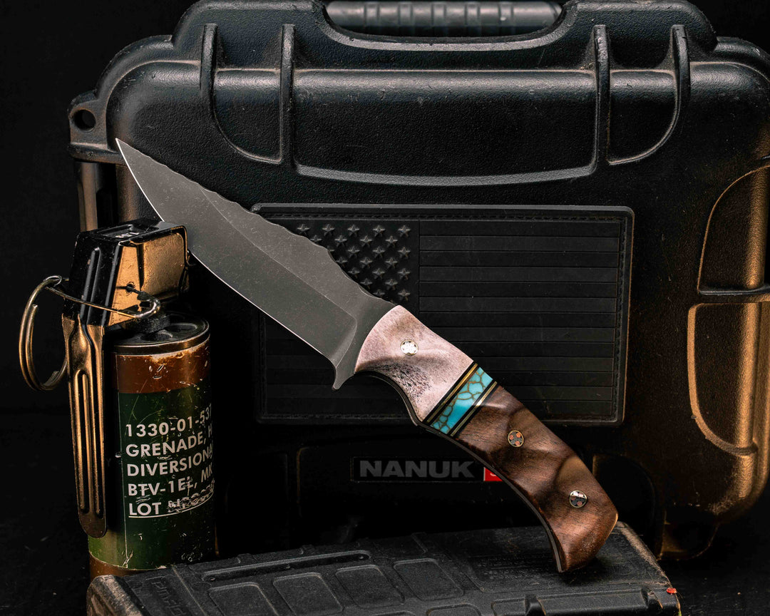 Tosahwi- Elk Antler, Black G10 and Brass Pin Striping, Turquoise with Gold Web Tru-stone Split, Hawaiian Curly Koa, Mosaic Pins, Textured Grip