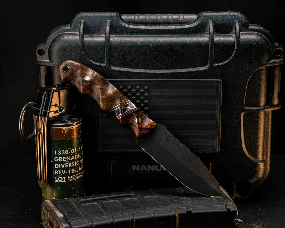 Disaster Jr- Desert Ironwood, Black G10, Copper and Coyote G10 Pin Striping, Black with Copper Web Tru-stone Split, Teak, Mosaic Pins, Brass Lanyard Pin, Textured Grip