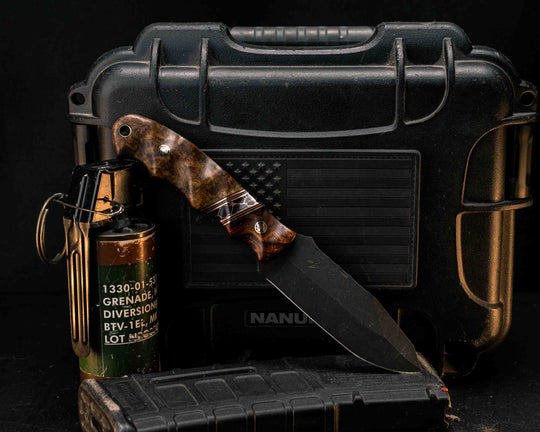 Disaster Jr- Desert Ironwood, Black G10, Copper and Coyote G10 Pin Striping, Black with Copper Web Tru-stone Split, Teak, Mosaic Pins, Brass Lanyard Pin, Textured Grip