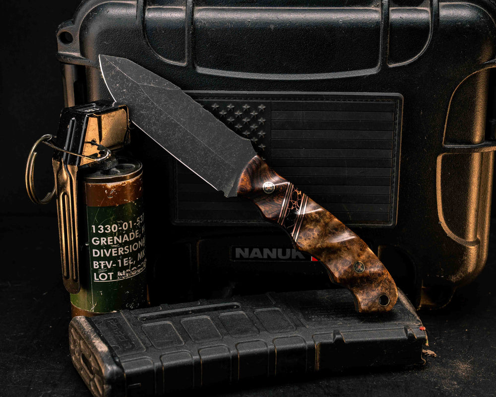 Disaster Jr- Desert Ironwood, Black G10, Copper and Coyote G10 Pin Striping, Black with Copper Web Tru-stone Split, Teak, Mosaic Pins, Brass Lanyard Pin, Textured Grip