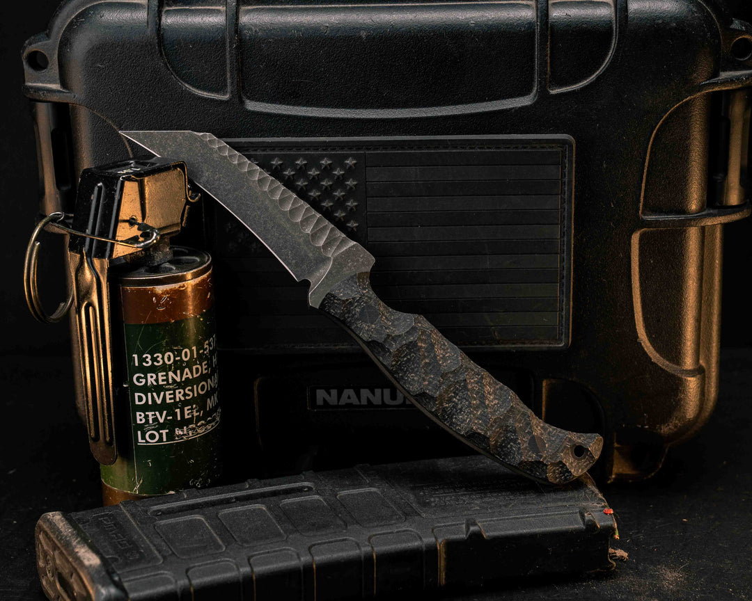 Draugr- Black Burlap Micarta, CF Pins, CF Lanyard Pin, Textured Grip, Rock Worked Blade