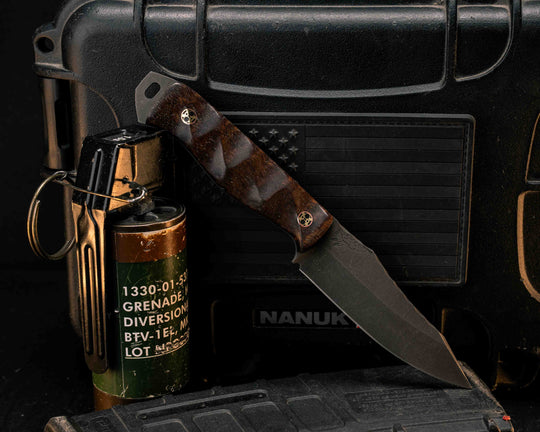 Field Knife Jr- Hawaiian Curly Koa, Mosaic Pins, Textured Grip