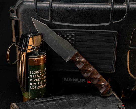 Field Knife Jr- Hawaiian Curly Koa, Mosaic Pins, Textured Grip