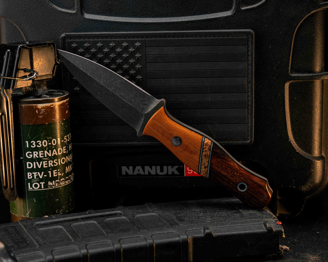 Pulse Checker- Vintage Butterscotch Micarta, Black G10 an Aluminum Pin Striping, Black Ash Burl Split, Desert Ironwood, Mosaic Pin, Aluminum Lanyard Pin, Smooth Grip