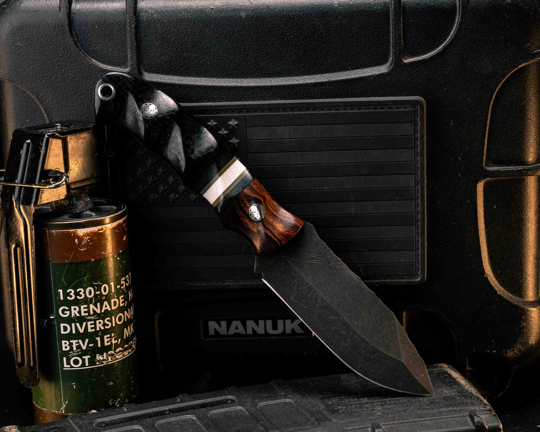 Disaster Cub- Desert Ironwood,Black Canvas Micarta, OD Green G10 and White G10 Split, Black Burlap Micarta, Mosaic Pins, Aluminum Lanyard Pin, Textured Grip