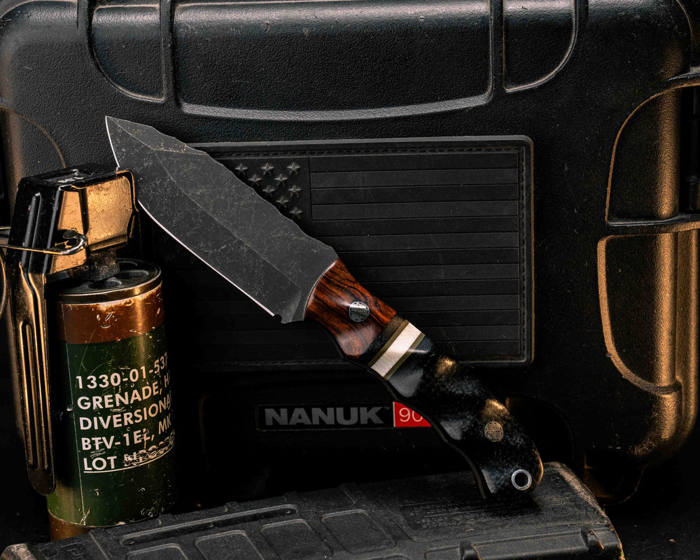 Disaster Cub- Desert Ironwood,Black Canvas Micarta, OD Green G10 and White G10 Split, Black Burlap Micarta, Mosaic Pins, Aluminum Lanyard Pin, Textured Grip