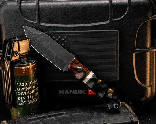 Disaster Cub- Desert Ironwood,Black Canvas Micarta, OD Green G10 and White G10 Split, Black Burlap Micarta, Mosaic Pins, Aluminum Lanyard Pin, Textured Grip