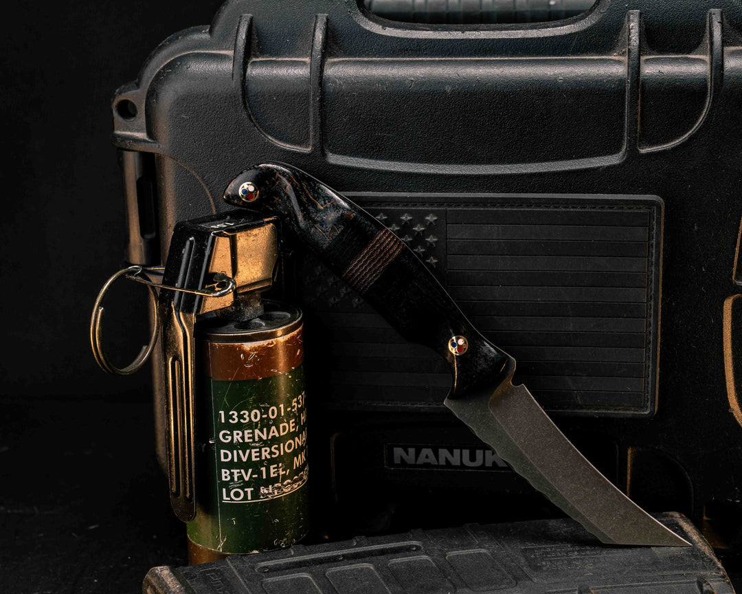 Draugr- Black Burlap Micarta, Black Canvas Micro and Python Micarta Split, Kumari and Resin, Patriot Mocsaic Pins, Textured Grip