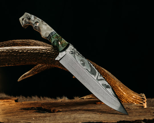 Ranch Knife- Baker Forge Wavy Pattern Damascus- Green Calceon, Black G10, OD Green G10, Aluminum, White G10 and Forest Green G10 Split, Elk antler, Mosaic Pins, 3/8" Mosaic Pin, Textured Grip