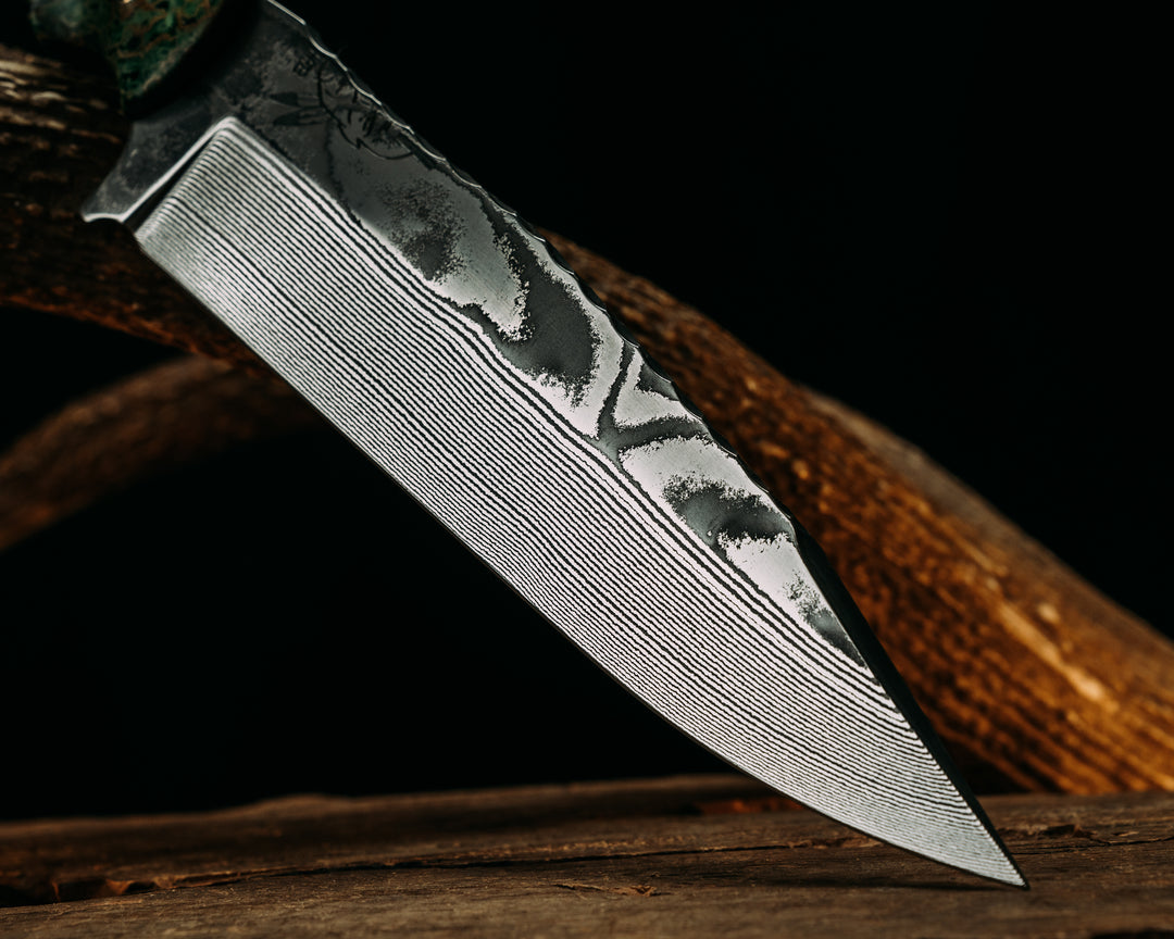 Ranch Knife- Baker Forge Wavy Pattern Damascus- Green Calceon, Black G10, OD Green G10, Aluminum, White G10 and Forest Green G10 Split, Elk antler, Mosaic Pins, 3/8" Mosaic Pin, Textured Grip