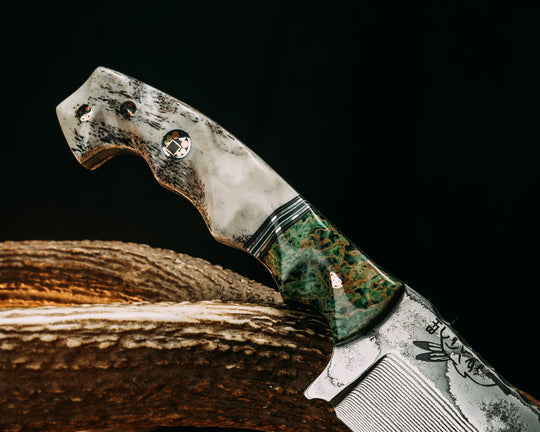 Ranch Knife- Baker Forge Wavy Pattern Damascus- Green Calceon, Black G10, OD Green G10, Aluminum, White G10 and Forest Green G10 Split, Elk antler, Mosaic Pins, 3/8" Mosaic Pin, Textured Grip