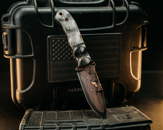 Disaster Cub- Baker Forge Raindrop CopperMai- Carbon Fiber, Black G10 and Brass Split, Elk Antler, Mosaic Pins, Brass Lanyard Pin, Textured Grip
