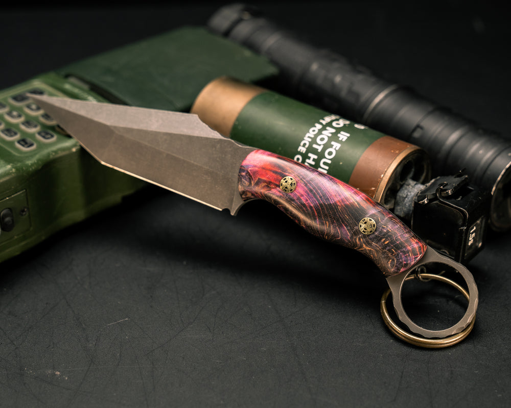 Ringed Tac Tanto- Dyed Black Ash Burl, Mosaic Pins, Smooth Grip